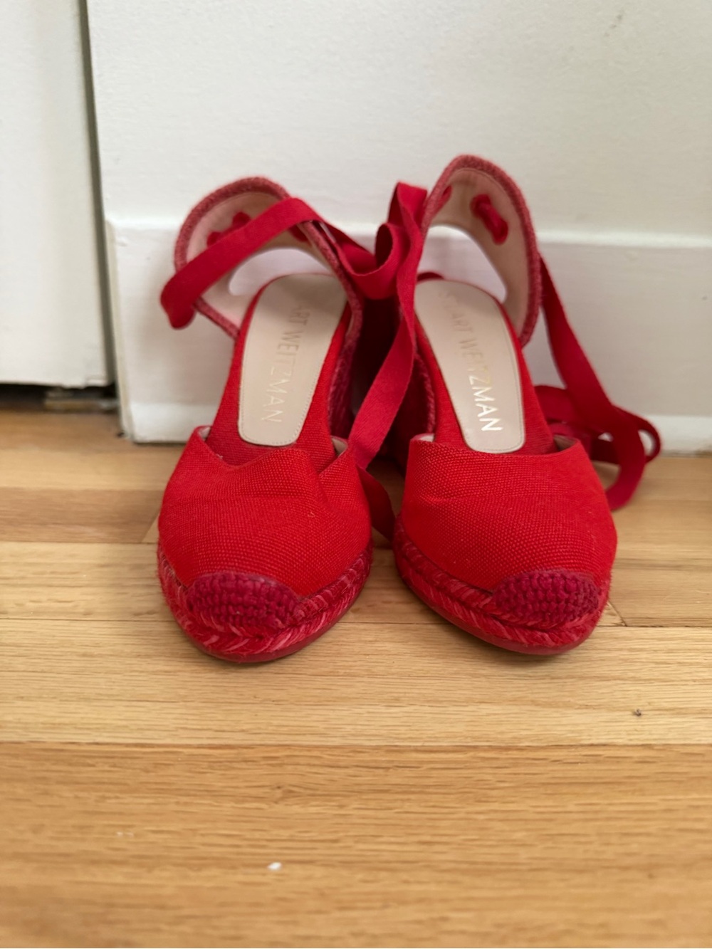Stuart Weitzman Red Canvas Espadrille Wedge Sandals with Ankle Ties